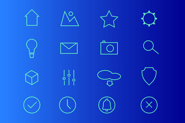 Vector icon set of small useful symbols such as a camera, a cloud, a cog for settings, and others for security 