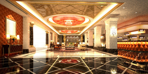3d render luxury hotel reception lobby
