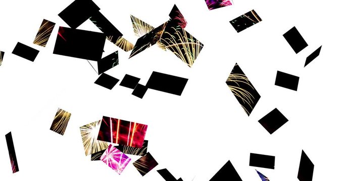 An animated video of moving mosaic pieces of a fireworks show forming a picture.