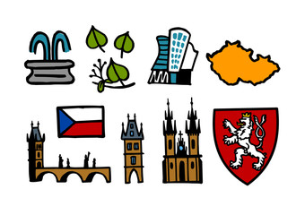 Flag, map, architecture, symbols of Czech Republic, color icon set