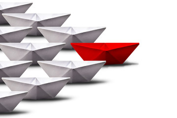 paper boats alone in Indian queue, white background. Concept of unity and teamwork