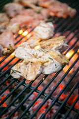 Barbecue Grill mit Hähnchenbrustfilets auf Sommerparty 