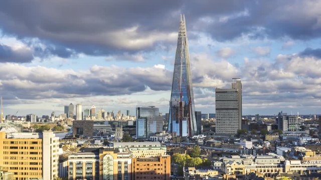 Aerial view over the city of London and The Shard, time lapse, London, UK