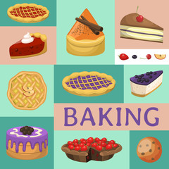 Baking shop menu vector illustration. Chocolate and fruity desserts for sweet cake shop with cupcakes, bakery cakes, berry pudding, biscuits, whipped cream, beries glaze
