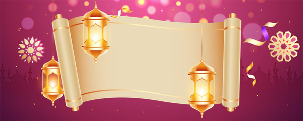 Website header or banner design with blank scroll paper given for your message and hanging illuminated lanterns decorated on bokeh purple background.