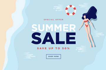Summer sale banner. Flat design vector illustration of mobile and social media banner template, online shopping ad, poster, newsletter design, coupon, marketing material.
