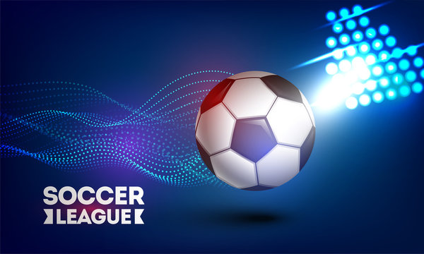 Soccer League banner or poster design with football on blue futuristic technology background.