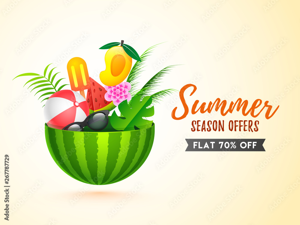 Poster Sale banner or poster design with summer elements and 70% discount offer for Summer Season.