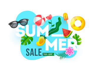 Summer Sale banner or poster design with 70% discount offer and summer elements.