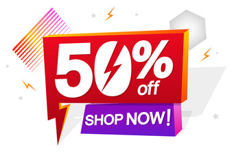 Flash Sale 50% off, speech bubble banner, super offer, mega discount tag design template, app icon, vector illustration