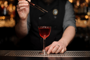 Close shot of bartender adding cherry in alcohol drink