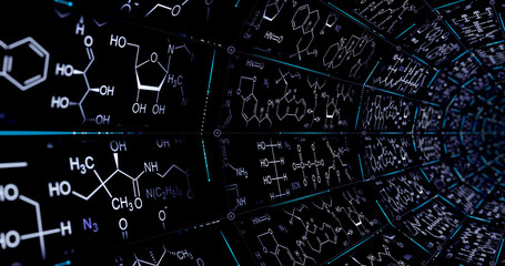 Molecular chemical formulas forming an endless tunnel with dots and lines of atomic lattices