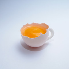 Egg shaped shell with yolk on white background