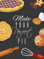 Baking training school poster or recipe card cover vector illustration. Chocolate fruity desserts sweet cake shop with cupcakes, bakery cakes, cookies, ingredients, rolling pin whisk biscuits pie.