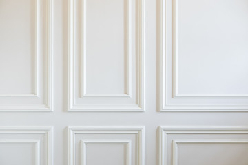 Finishing Works - Fragment Of Classic White Walls With Installed Wall Panels, Decorated With Moldings. - obrazy, fototapety, plakaty