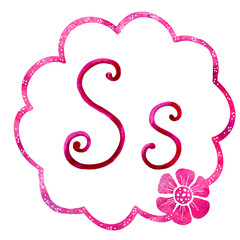 English alphabet (letter S), isolated on a white background, in an elegant frame, handwritten. Watercolor drawing. For design of posters, books, cards, invitations