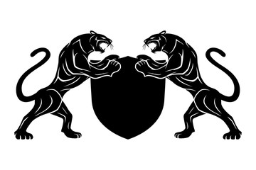 Two black panthers with shield sign on white background. © Lenan