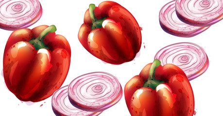 Red pepper and onion Vector pattern. Menu restaurant textures