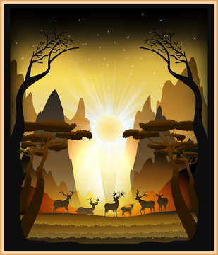 Paper Cut Light And Shadow Box Design Of Deers In The Forest, Silhouette Paper Sculptures Lamp As  Concept. Vector Illustration.