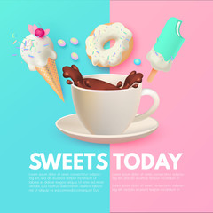 Cafe Ad Design Template. Coffee, Sweets and Ice Cream. Chocolate and Donut. Candy. Cute and Delicious.