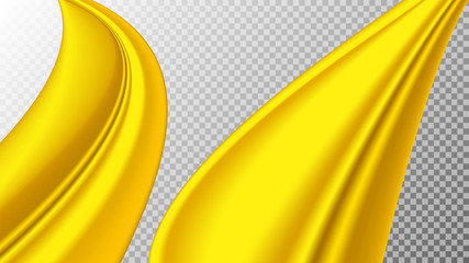 Vector realistic drapery of bright yellow fabric. Decorative folds of silk isolated on transparent background.