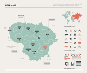 Vector map of Lithuania. High detailed country map with division, cities and capital Vilnius. Political map,  world map, infographic elements. - obrazy, fototapety, plakaty