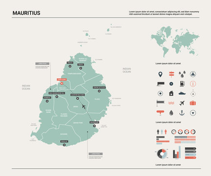 Vector map of Mauritius. Country map with division, cities and capital Port Louis. Political map,  world map, infographic elements.