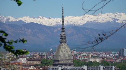 Turin, Torino, aerial skyline panorama with Mole Antonelliana, Monte dei Cappuccini and the Alps in the background. Italy, Piemonte, Turin.