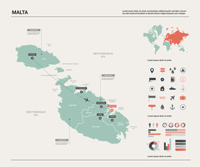 Vector map of Malta. Country map with division, cities and capital Valletta. Political map,  world map, infographic elements. - obrazy, fototapety, plakaty