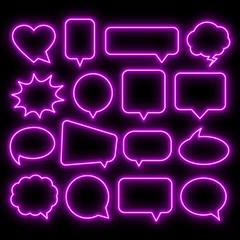 Neon speech bubble on a black background. Bright light frames for quotes and text. Vector.