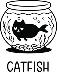 A Cartoon Vector Doodle Illustration Of A Black Mermaid Cat Swimming In A Fishbowl