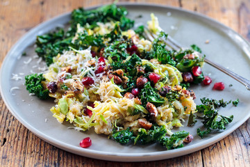 Quinoa, brussel sprouts, crispy kale and hazelnuts salad with dukkah crusted chicken 