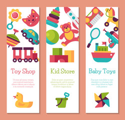 Baby toy shop banner in flat cartoon style. Kids game market includes teddy bear, pyramid, doll. Children fun and activity play colorful store kindergarten vector illustration.