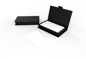 contact business cards in the open cardboard box clean mockup template with free copy. 3d illustration 