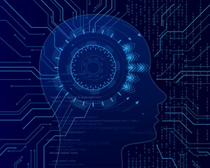 Cyber mind on the binary code background. Big data artificial intelligence. Machine learning in the side head form. Virtual concept vector illustrarion.