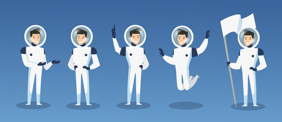 Vector illustration set of cartoon astronauts, spaceman in different positions. Moving cosmonaut in space costume, man in spacesuit, isolated on blue background. Spaceman in cosmos concept, galaxy