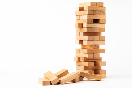 Close up blocks wood game isolated on white background.