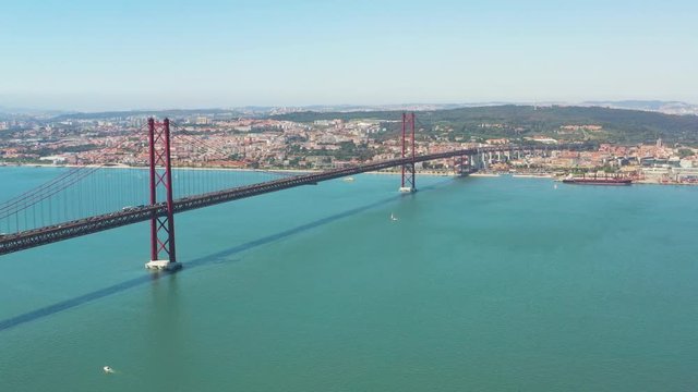 Aerial View Of 25 De Abril Bridge Over The Tagus River, Lisbon, Portugal