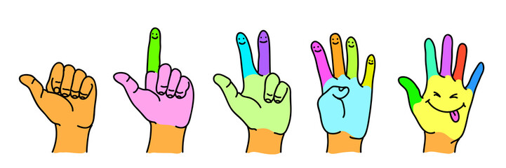 Obraz premium Abstract, multi-colored hand-drawn. Human fingers show numbers from one to five