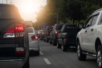 Luxury of car stop on the asphalt road. Traveling in the provinces during the bright period. Open light break.