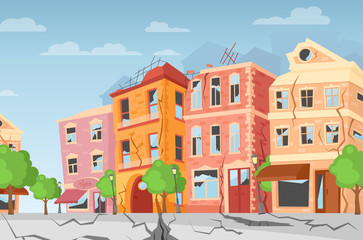 Vector illustration of earthquake in the city, ground crevices. Cartoon colorful houses with cracks and damages. Natural disaster concept, cataclysm, catastrophe. flat style.