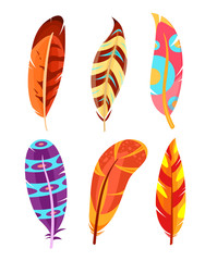 Vector illustration set of colorful and bright feathers. multicolored feathers collection isolated on white background in flat style.