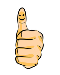 A palm folded into a fist with a raised thumb on which a smile is drawn.