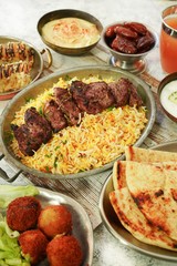 Ramadan feast/Iftar  food dinner composition, selective focus