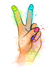 Hand folded in the victory symbol with multi-colored spots and splashes of watercolor on a white background. Hand gesture. Pointing two finger up