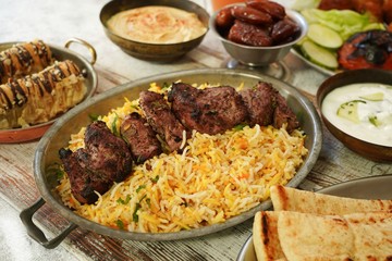 Ramadan feast/Iftar  food dinner composition, selective focus
