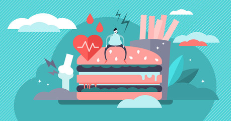 Naklejka premium Obesity vector illustration. Flat Tiny overweight problem persons concept.
