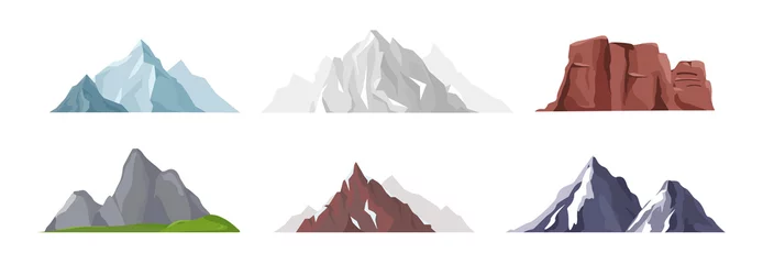 Foto op Plexiglas Vectorillustratieinzameling van verschillende bergpictogrammen in vlakke stijl. Rotsen, bergen en heuvels set geïsoleerd op een witte achtergrond. © Natalia