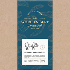 Worlds Best Pork Abstract Vector Craft Paper Vintage Cover Layout. Premium Meat Packaging Design Label. Hand Drawn Pig, Steak, Sausage, Wings and Legs Sketch Pattern Background.