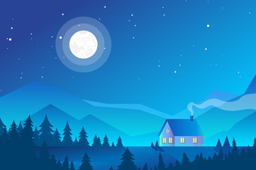 Vector illustration of house in mountains, forest landscape in the night with neon light. Geometric flat illustration with neon gradient. Mountains night landscape.